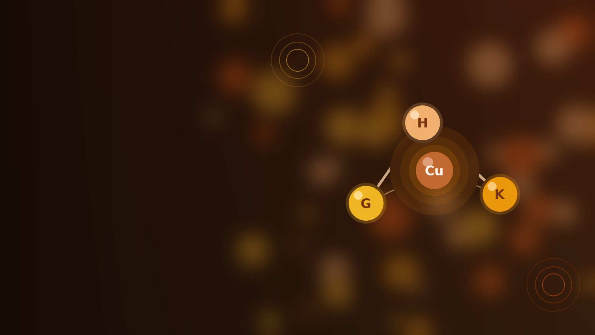 Amber illustration of three amino acid beads labelled G, H and K arranged around a central copper ion